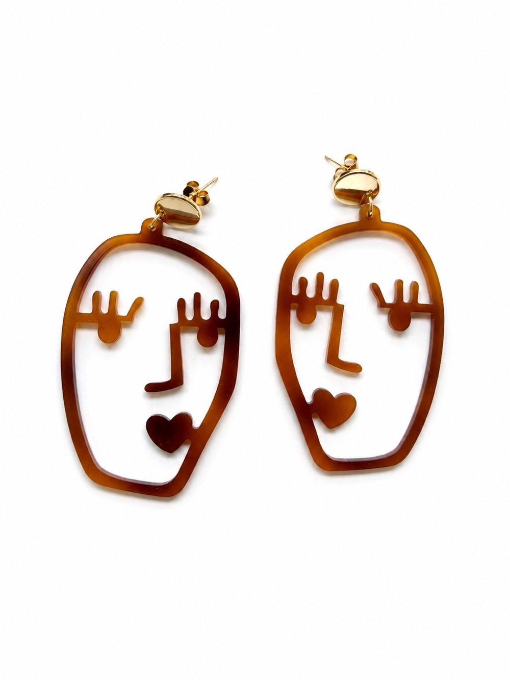 Tortoiseshell Abstract Face Line Art Drop Earrings with Heart Lips like new